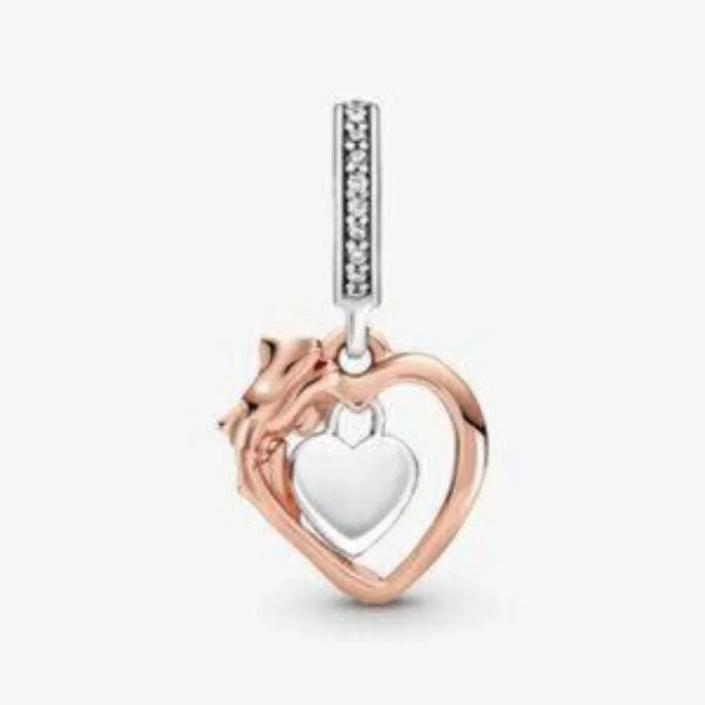Pandora Heart & Rose Flower Dangle Charm